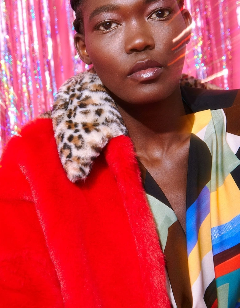 Red and Leopard Print Faux Fur Coat