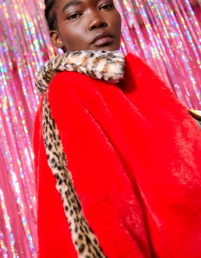 Red and Leopard Print Faux Fur Coat