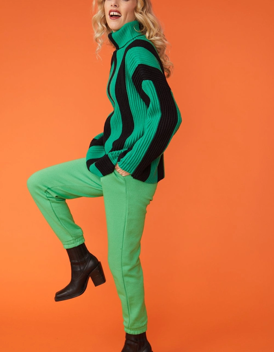 Green and Black Striped Cashmere Roll Neck Jumper