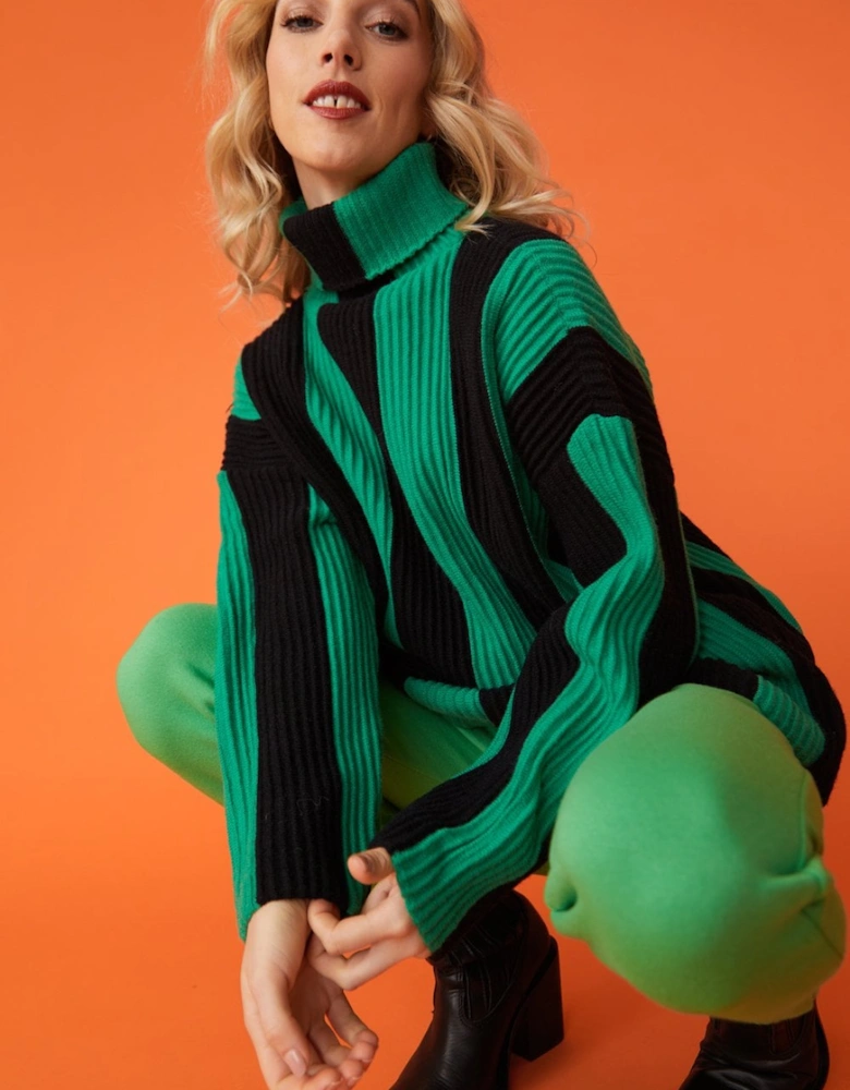 Green and Black Striped Cashmere Roll Neck Jumper