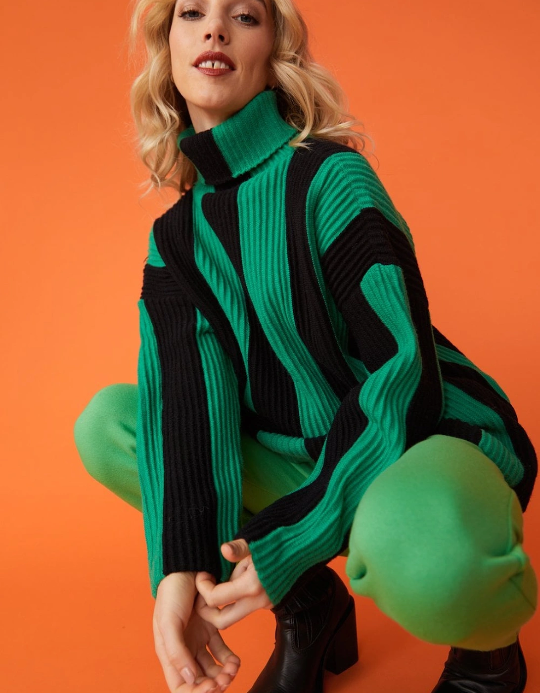 Green and Black Striped Cashmere Roll Neck Jumper