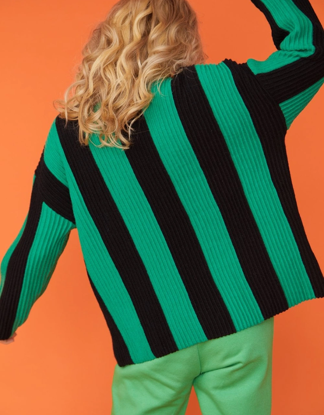 Green and Black Striped Cashmere Roll Neck Jumper