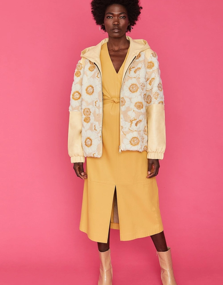 Leather and Embroidered Floral Yellow Jacket