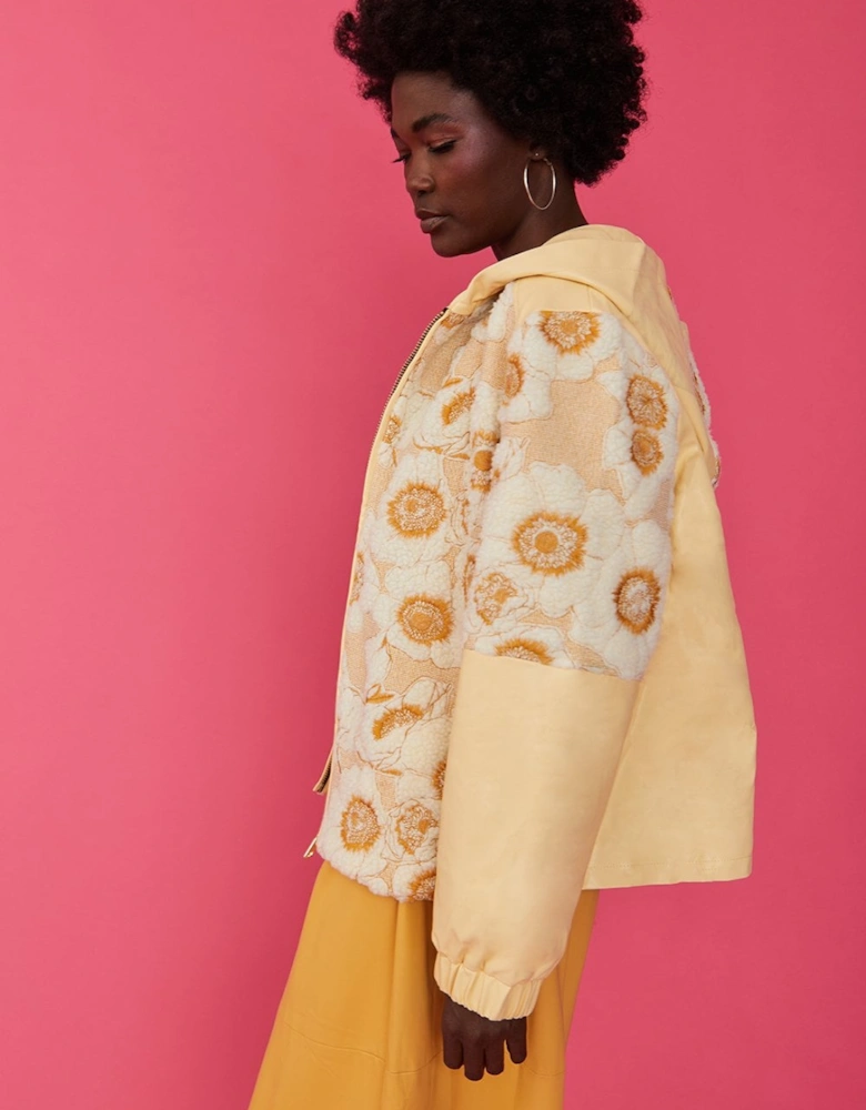Leather and Embroidered Floral Yellow Jacket