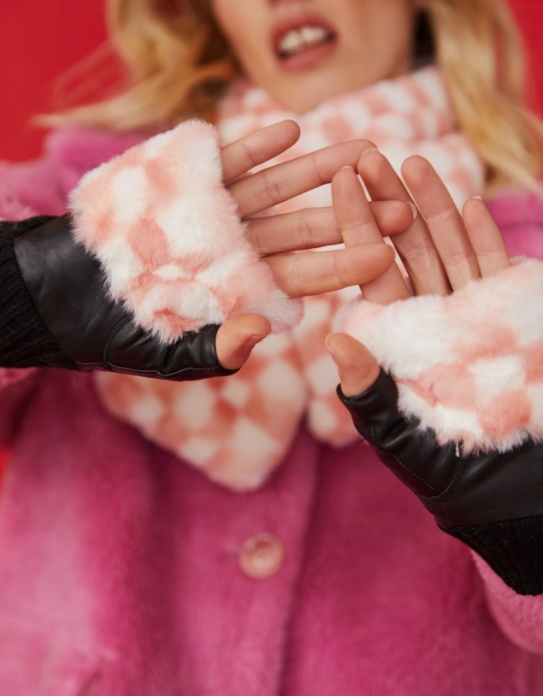 Faux Fur Check Fingerless Gloves