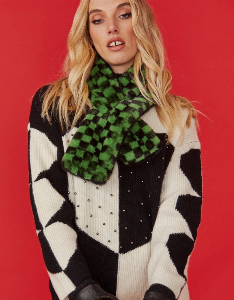 Mint and Black Checkered Print Multi-way Faux Fur Scarf