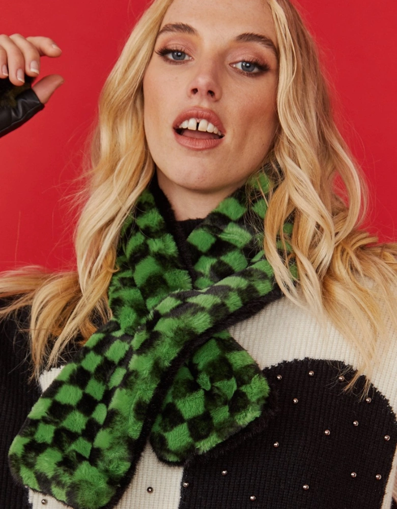 Mint and Black Checkered Print Multi-way Faux Fur Scarf