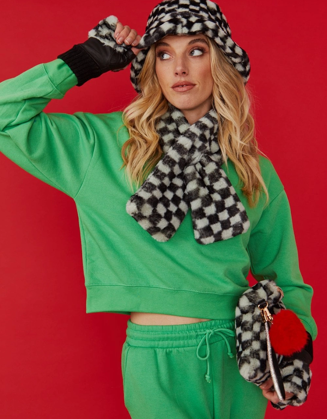 Mint and Black Checkered Luxury Faux Fur Bag