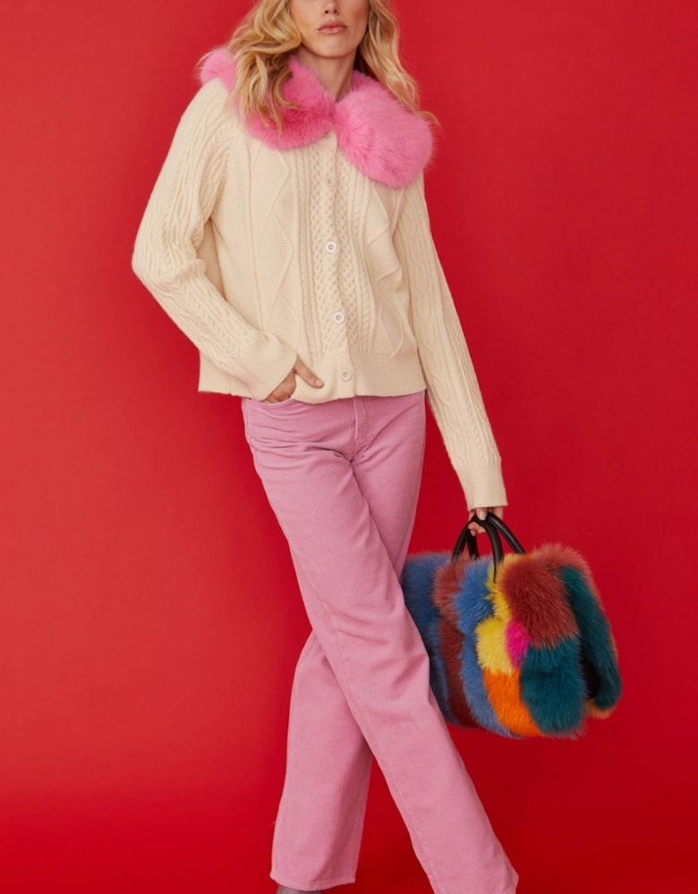 Cream Cashmere and Banana Peel Cardigan with Bold Pink Faux Fur Collar