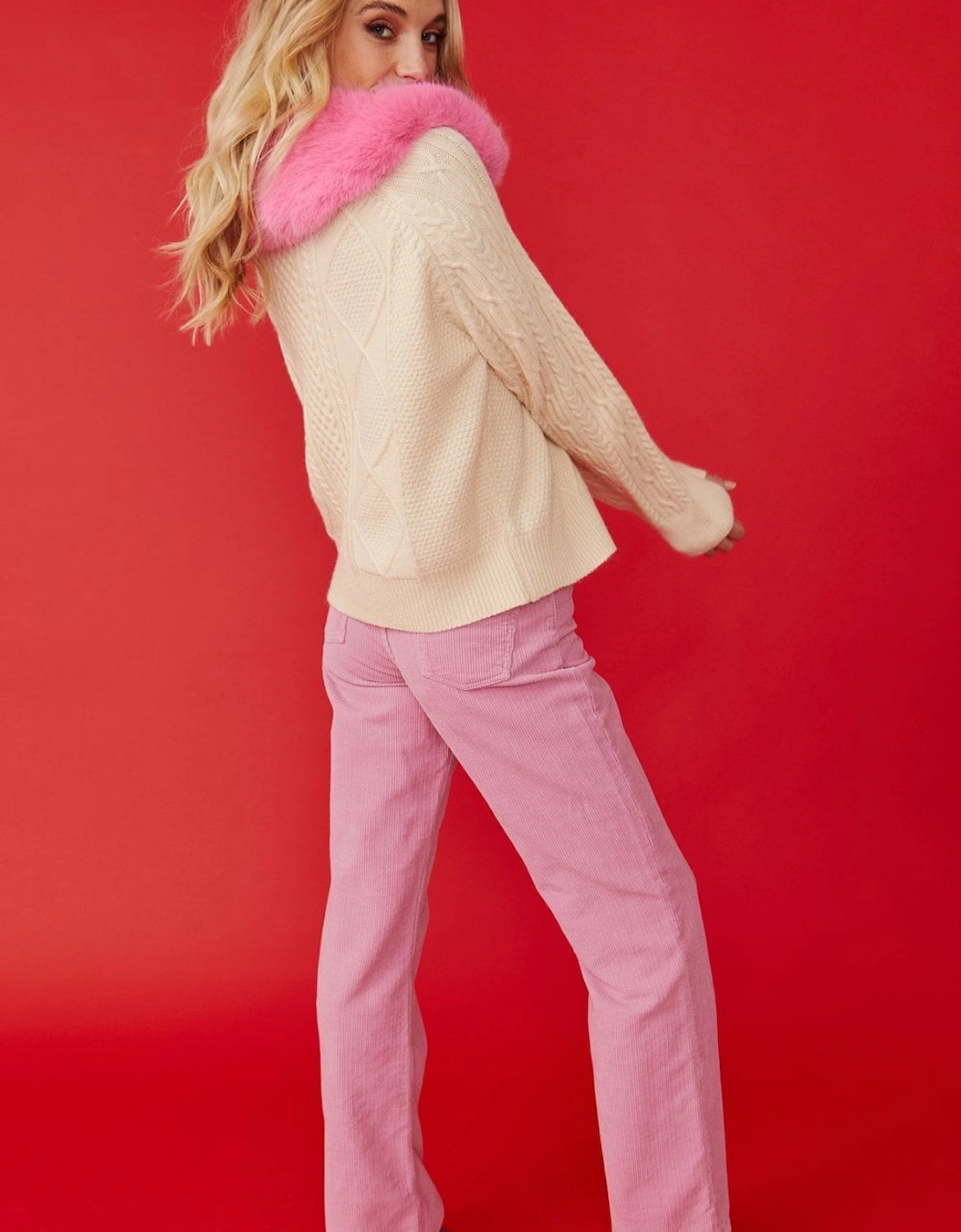 Cream Cashmere and Banana Peel Cardigan with Bold Pink Faux Fur Collar