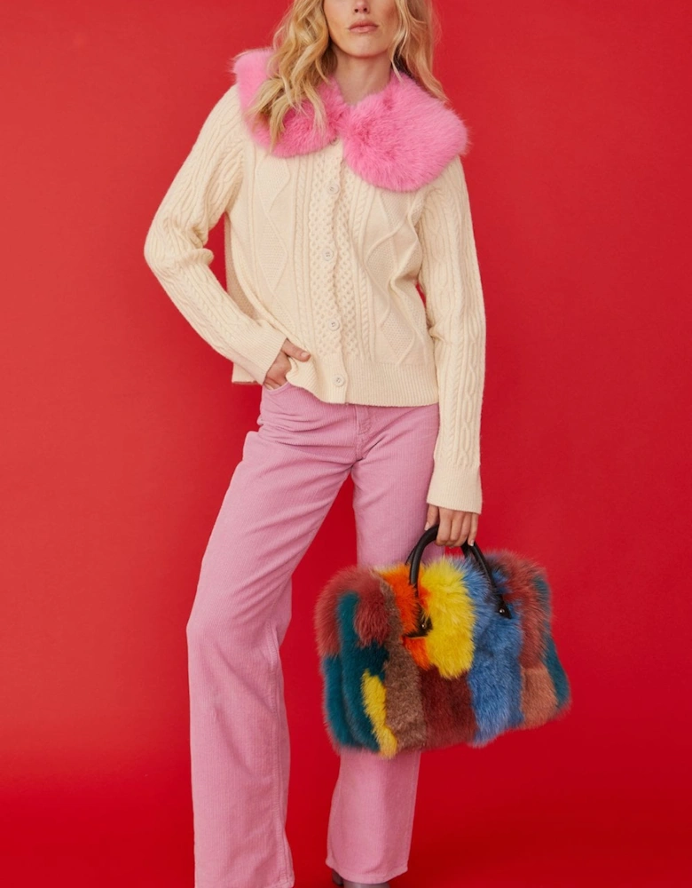 Cream Cashmere and Banana Peel Cardigan with Bold Pink Faux Fur Collar