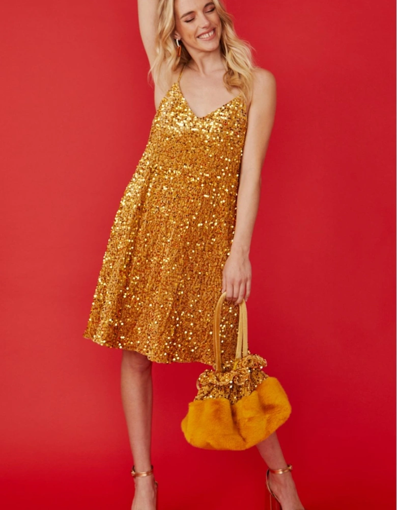 Gold Sequin Cami Swing Dress