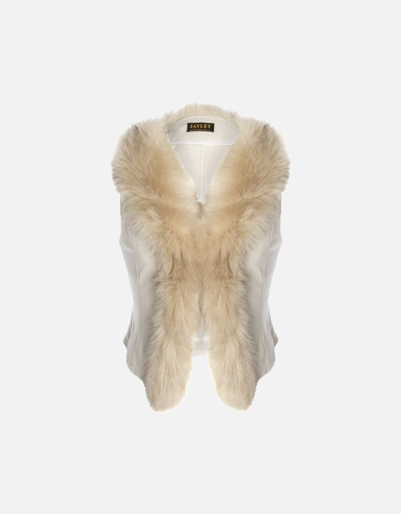 Cream Faux Suede Gilet with Faux Fur Collar