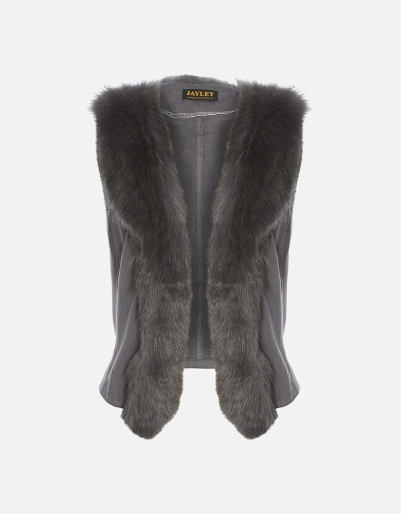 Grey Faux Suede Gilet with Faux Fur Collar