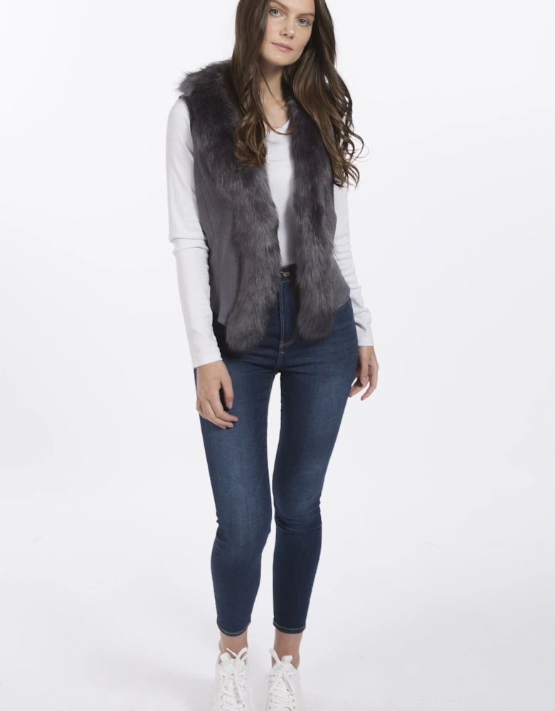 Grey Faux Suede Gilet with Faux Fur Collar
