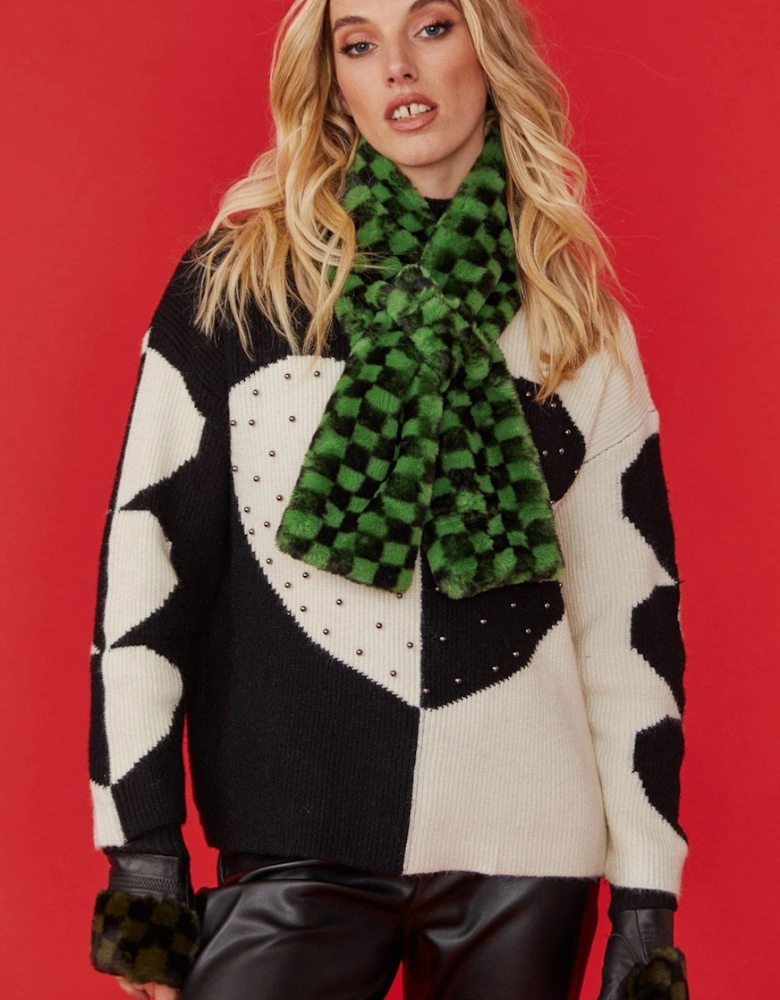 Green and Black Checkered Faux fur Scarf with Bow Detail Fastening