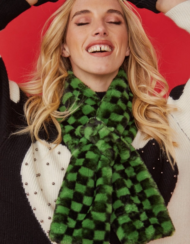 Green and Black Checkered Faux fur Scarf with Bow Detail Fastening