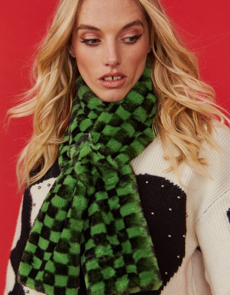 Green and Black Checkered Faux fur Scarf with Bow Detail Fastening