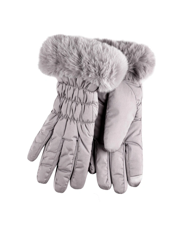 Water Repellent Padded Smartouch Gloves with Faux Fur Cuff - Grey