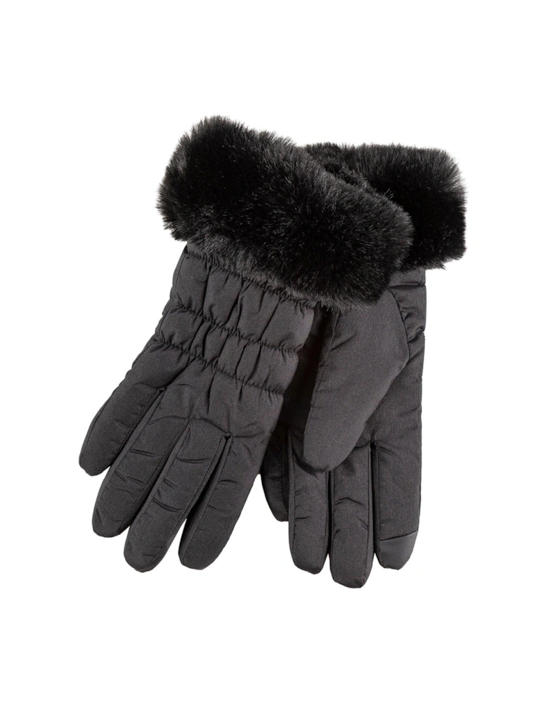 Water Repellent Padded Smartouch Gloves with Faux Fur Cuff - Black