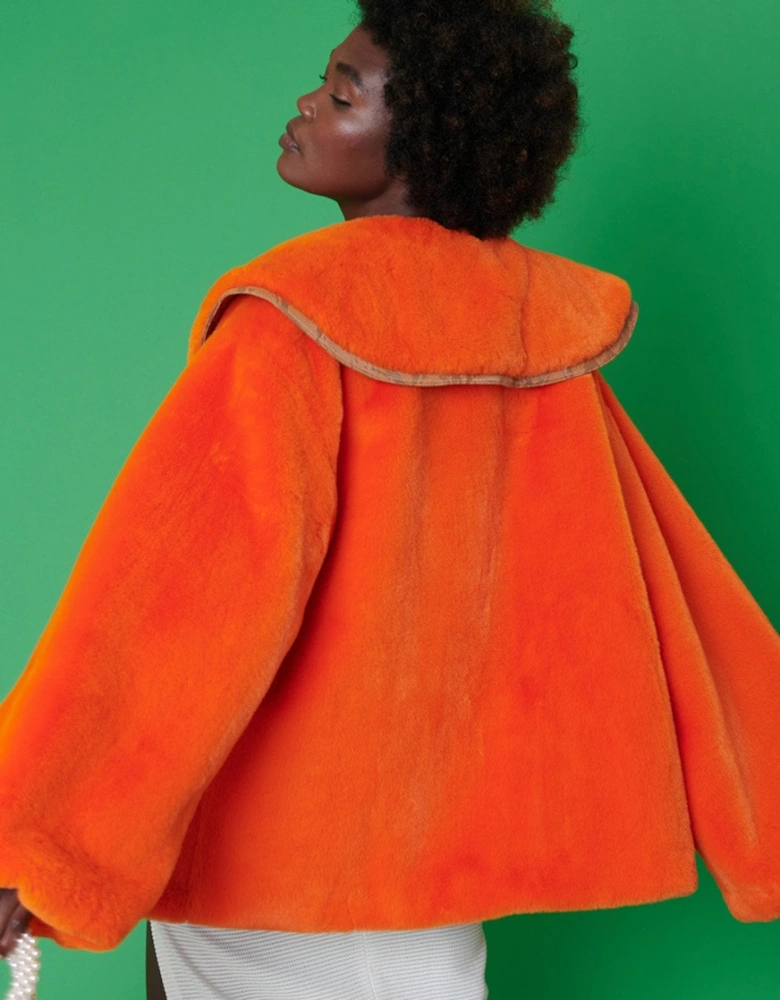 Faux Fur Sable Oversized Collar Coat in Orange