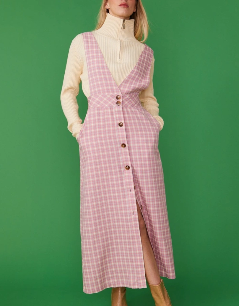 Pink Check Print Maxi Pinafore Dress