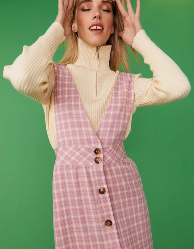 Pink Check Print Maxi Pinafore Dress