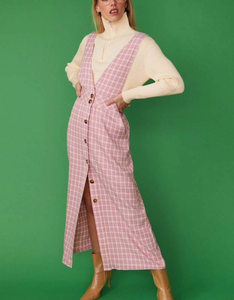 Pink Check Print Maxi Pinafore Dress