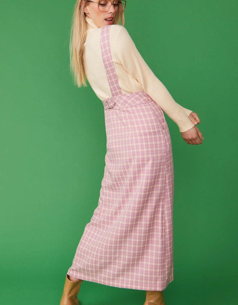 Pink Check Print Maxi Pinafore Dress