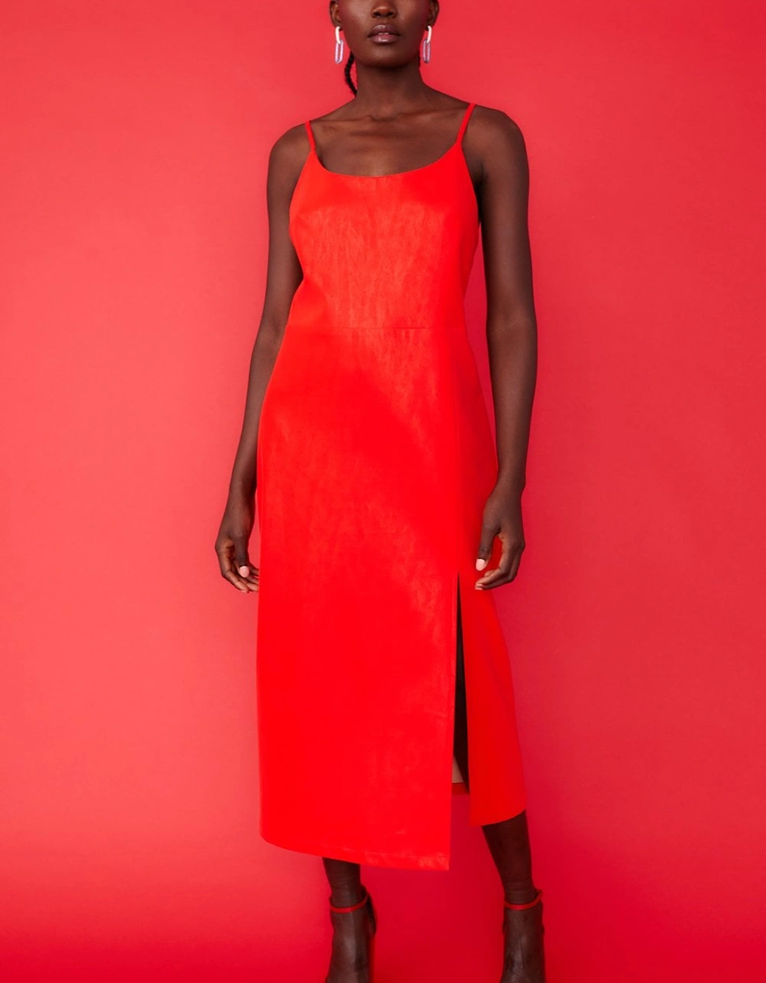 Red Midi Cami Style Pencil Dress with Split