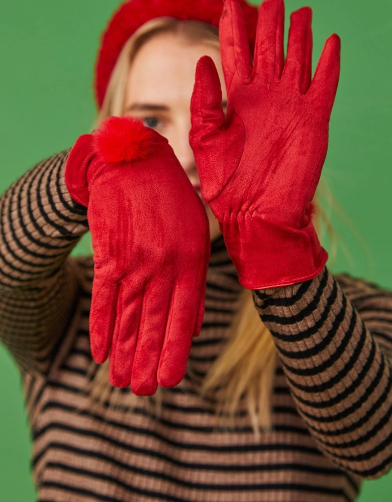 Red Faux Suede Gloves With Faux Fur Pom