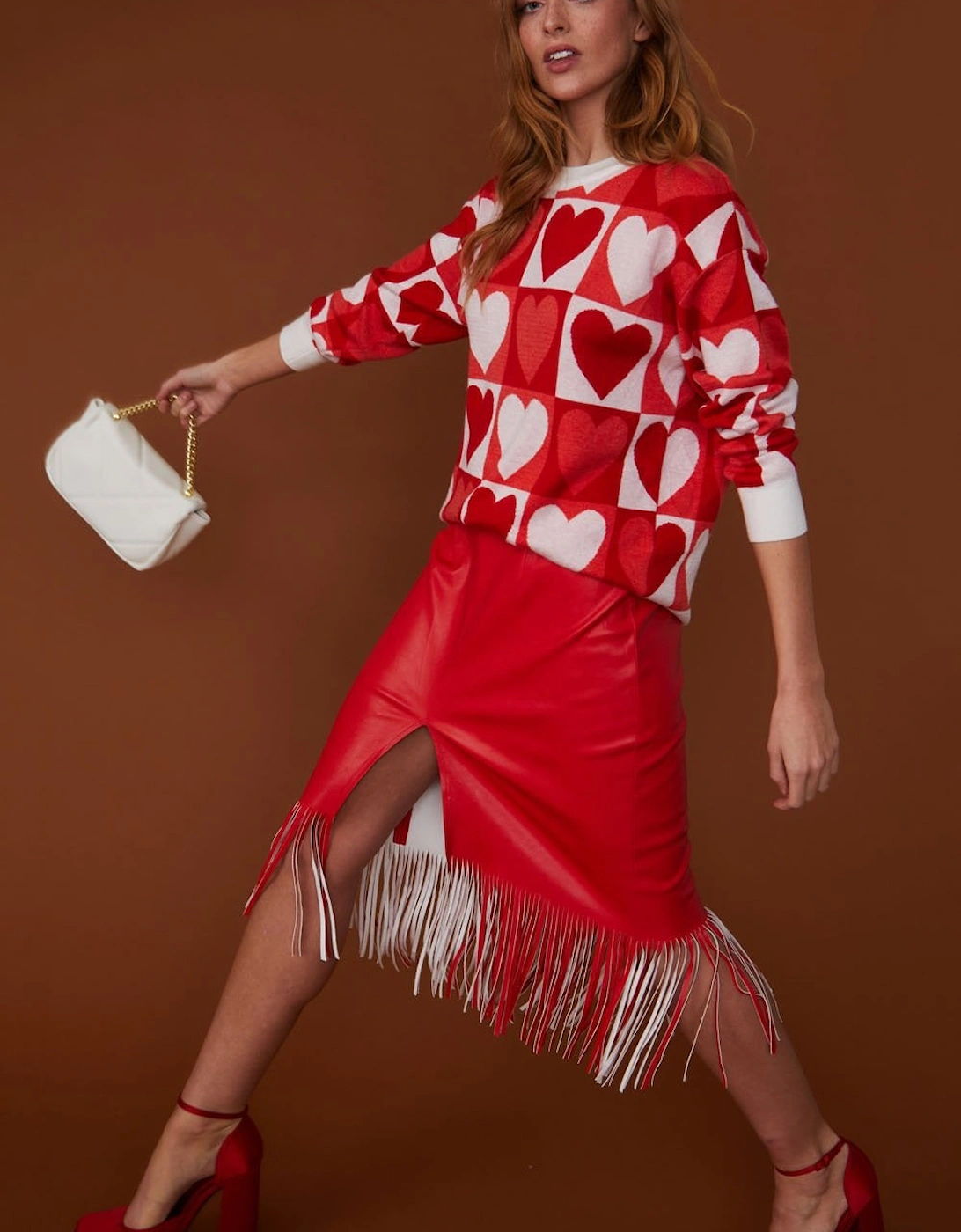 Tassel Midi Skirt with Front Split in Shimmer Red