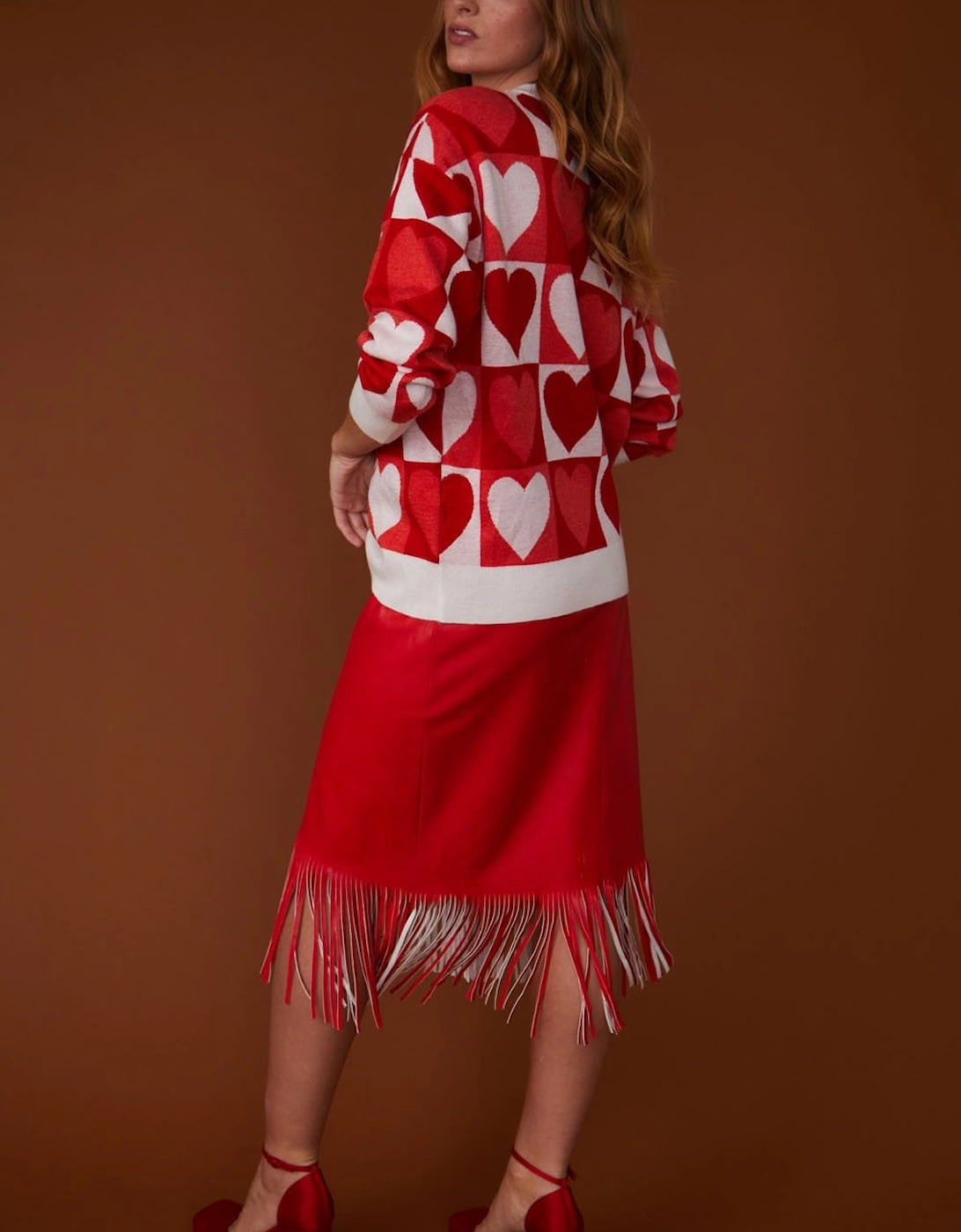 Tassel Midi Skirt with Front Split in Shimmer Red