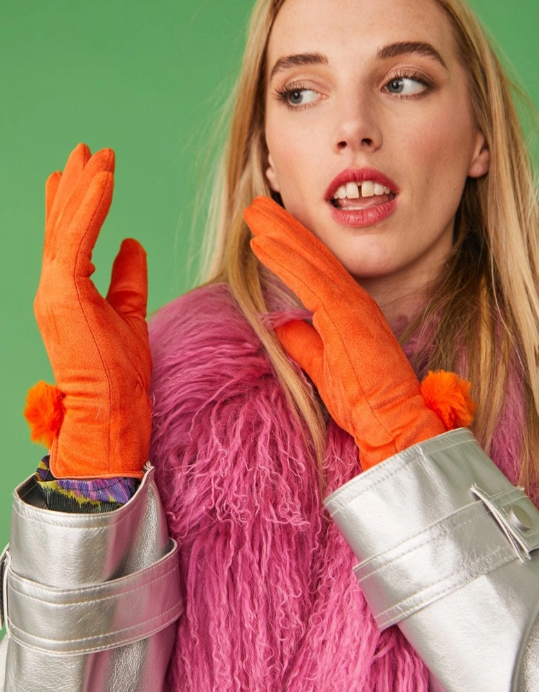 Orange Faux Suede Gloves With Faux Fur Pom
