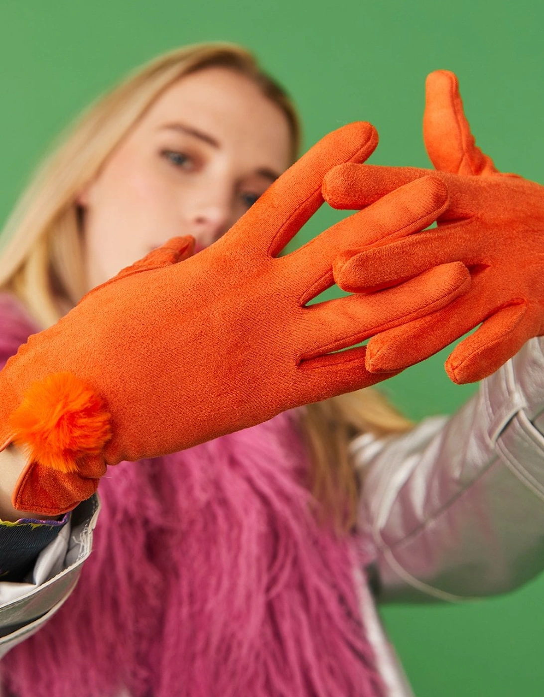 Orange Faux Suede Gloves With Faux Fur Pom, 5 of 4
