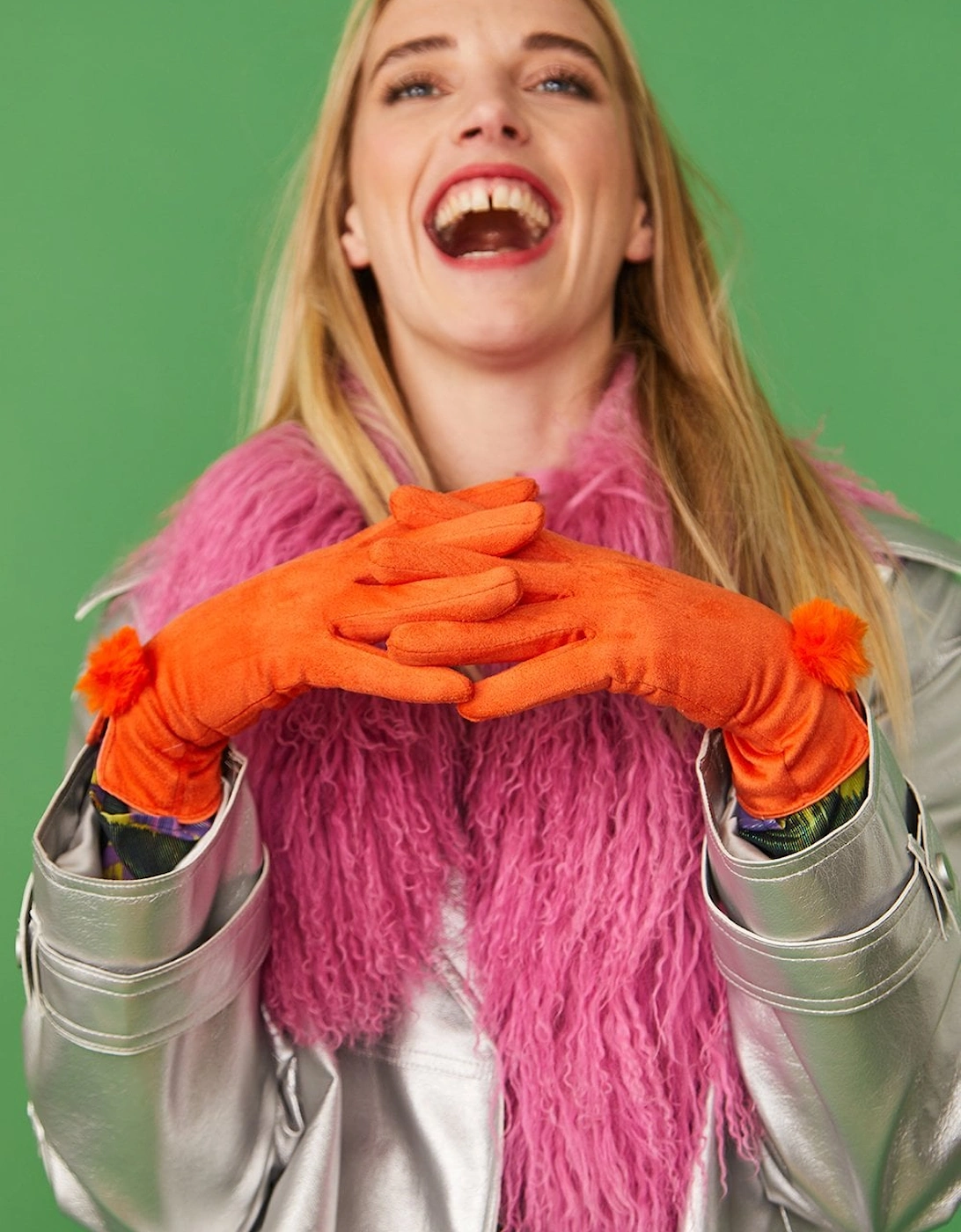Orange Faux Suede Gloves With Faux Fur Pom