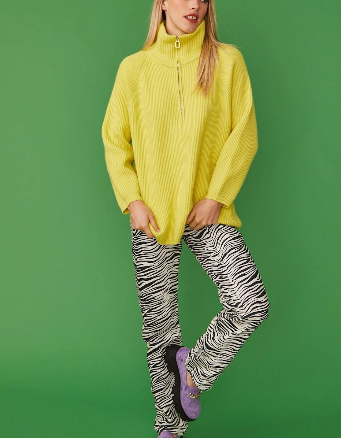 Funnel Neck Ribbed Jumper in Yellow