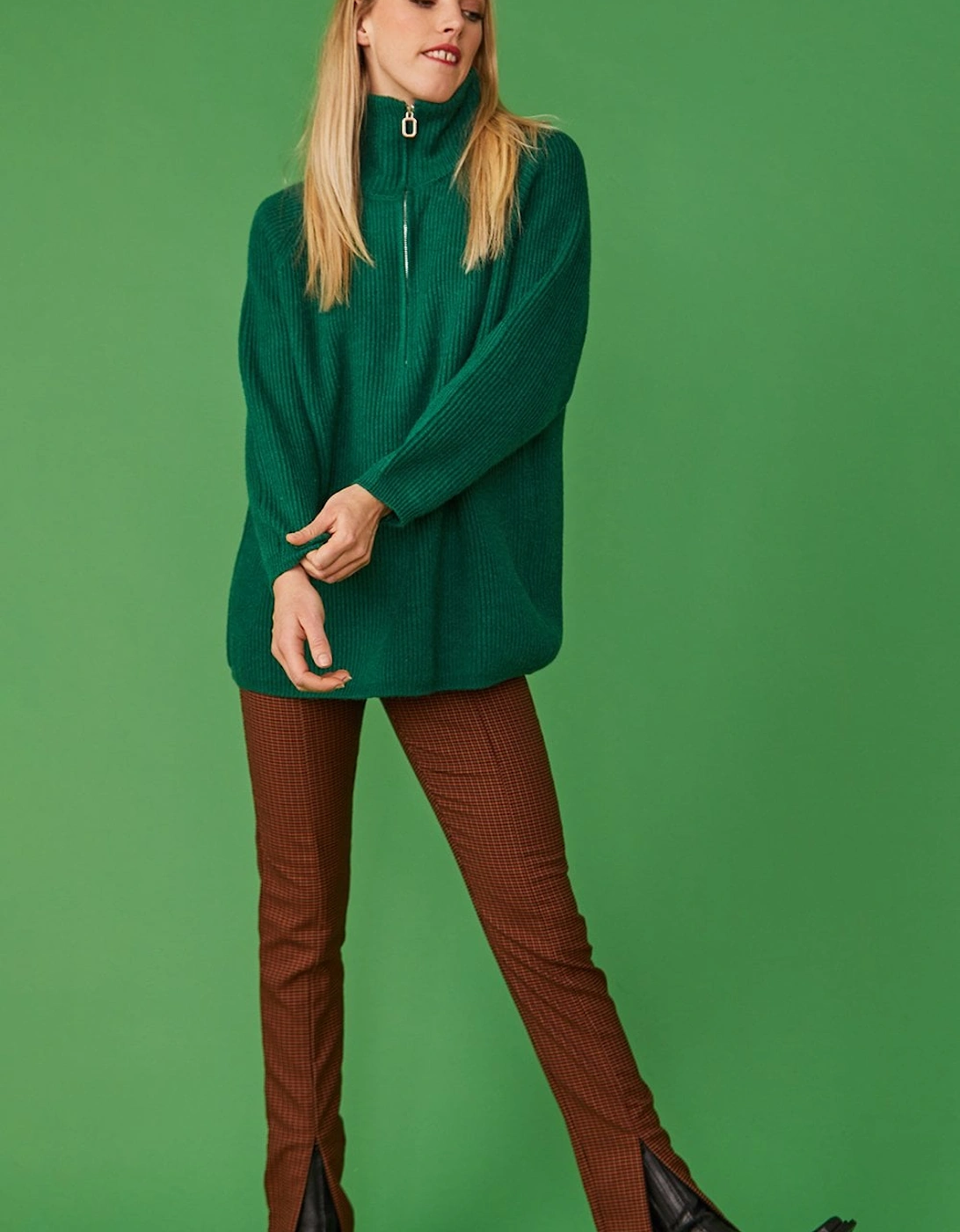 Funnel Neck Ribbed Jumper in Green