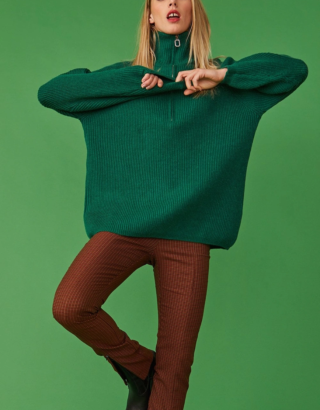 Funnel Neck Ribbed Jumper in Green