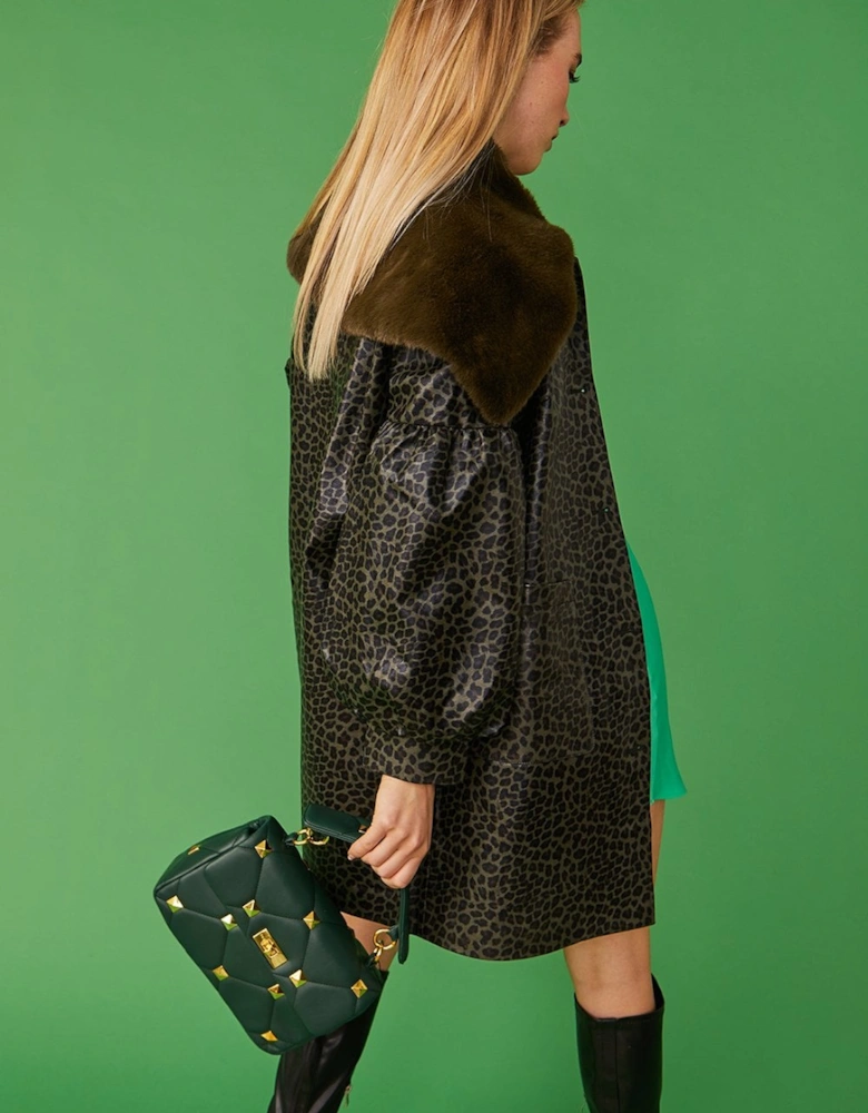 Green Animal Print Coat with Oversized Faux Fur Collar