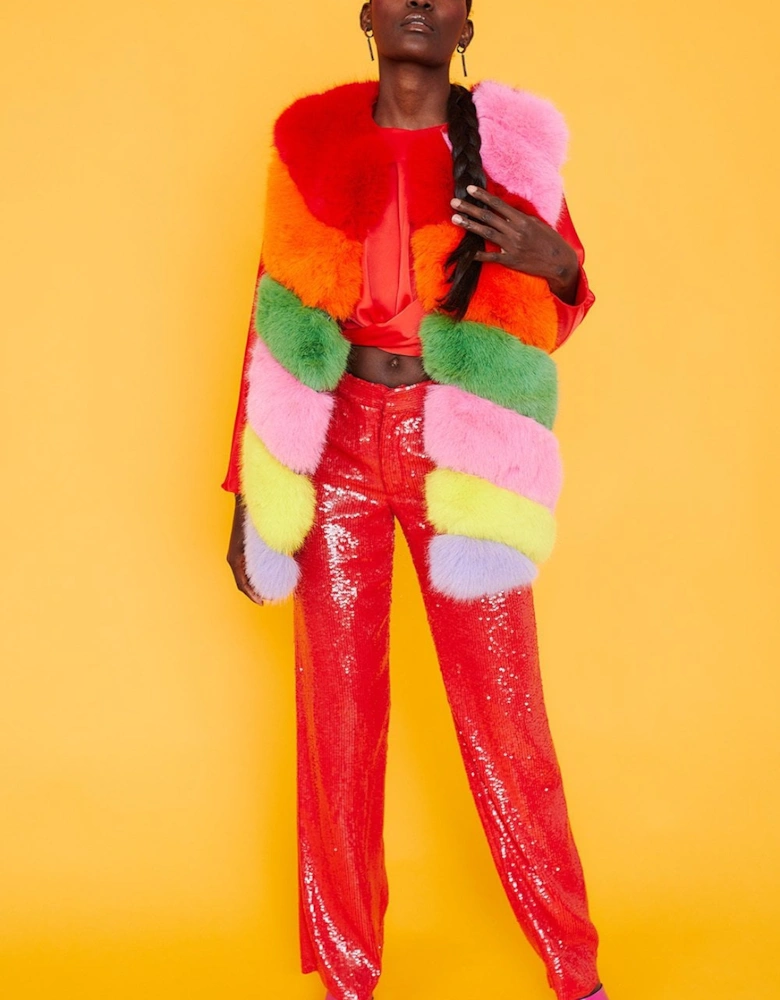 Gaga Faux Fur Striped Rainbow Gilet