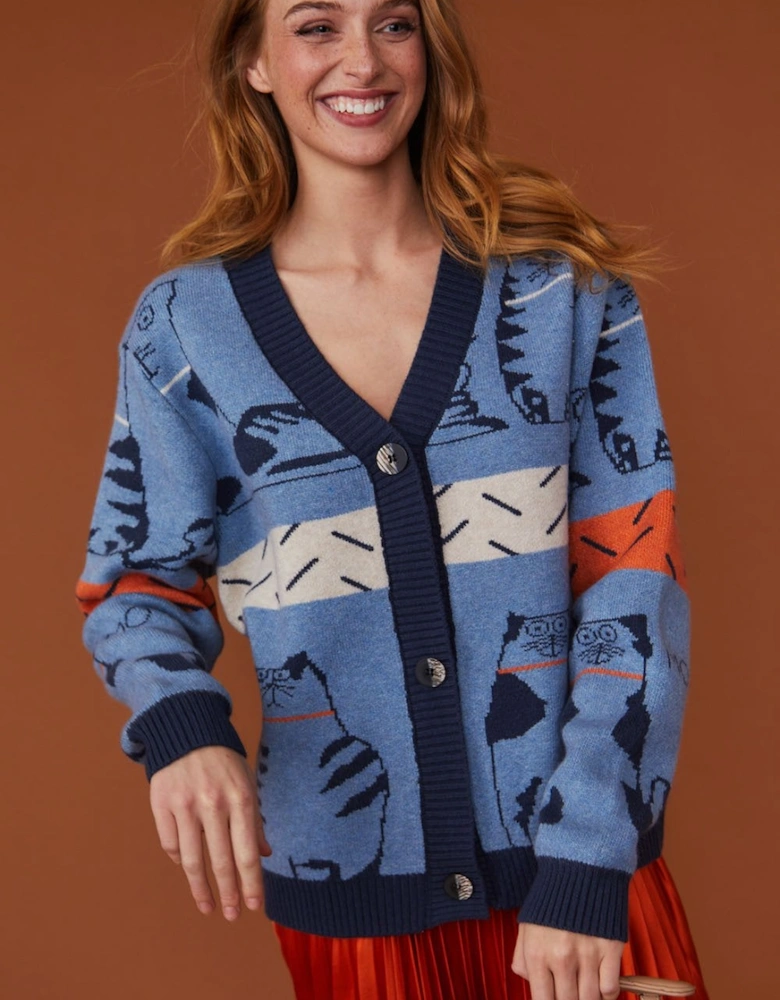 Blue Cat Print Cashmere & Banana Peel Cardigan