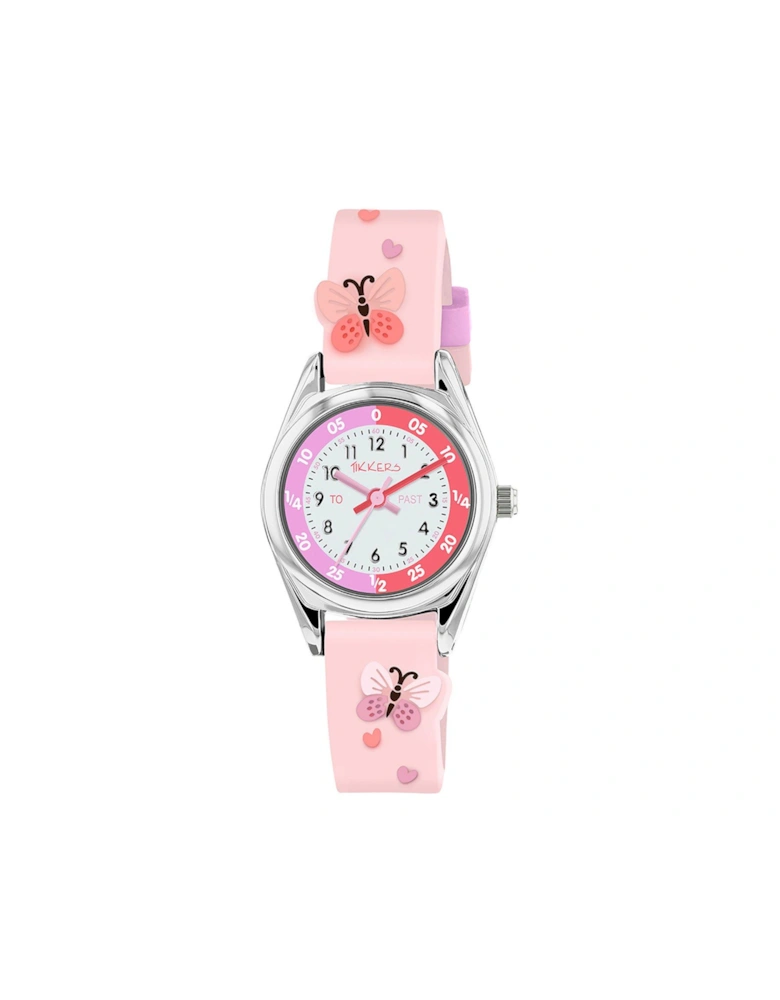 Pink Silicone 3D Butterfly Strap, Silver Time Teacher Watch