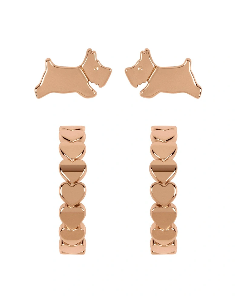 Ladies 18ct Rose Gold Plated Heart Huggie Leaping Dog Twin Pack Earrings