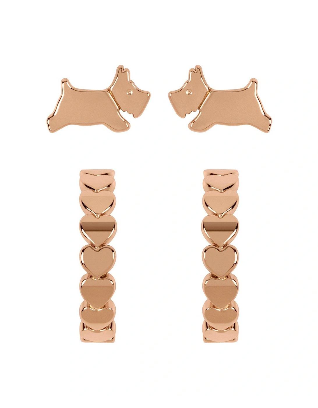 Ladies 18ct Rose Gold Plated Heart Huggie Leaping Dog Twin Pack Earrings, 3 of 2