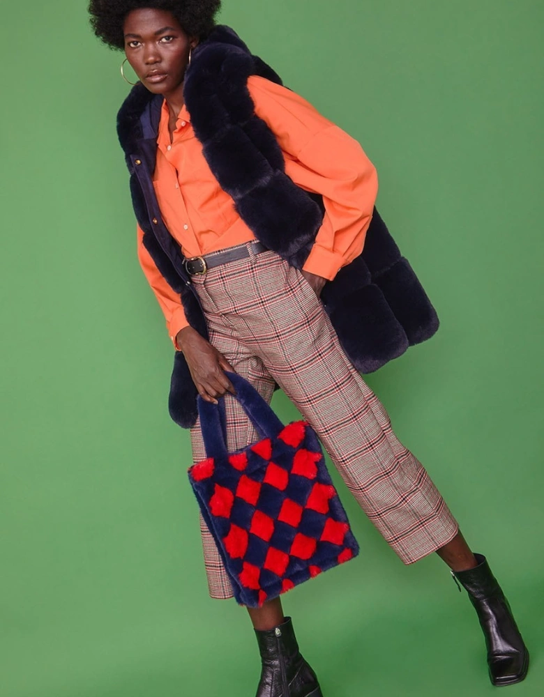Hand Woven Checkered Navy and Red Faux Fur Tote Bag