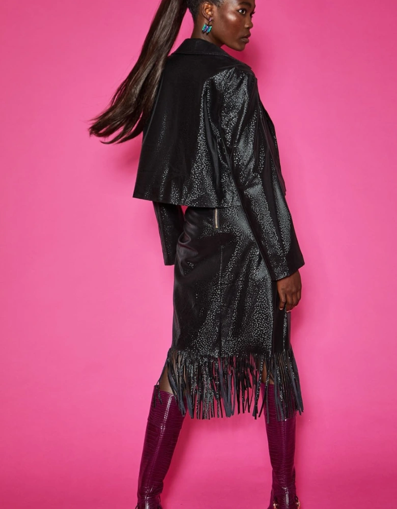 Tassel Midi Skirt with Front Split in Shimmer Black