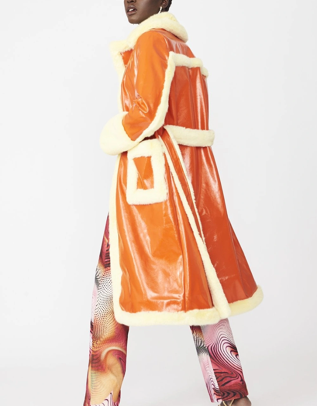 Orange Faux Fur and Faux Suede Trench Coat