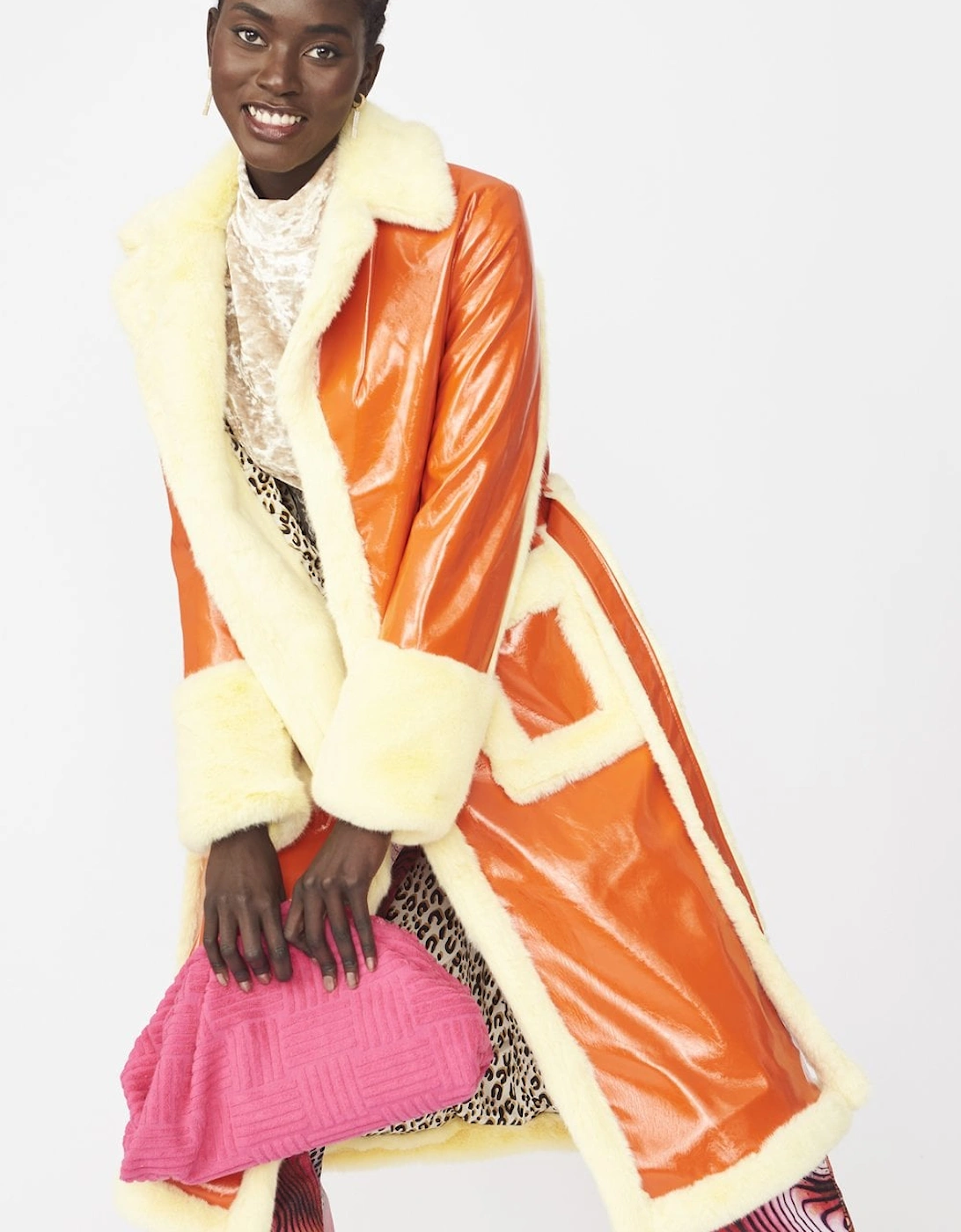 Orange Faux Fur and Faux Suede Trench Coat