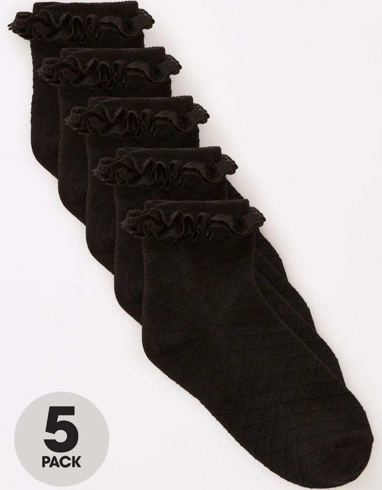 Girls 5 Pack Black Frill Socks - Black